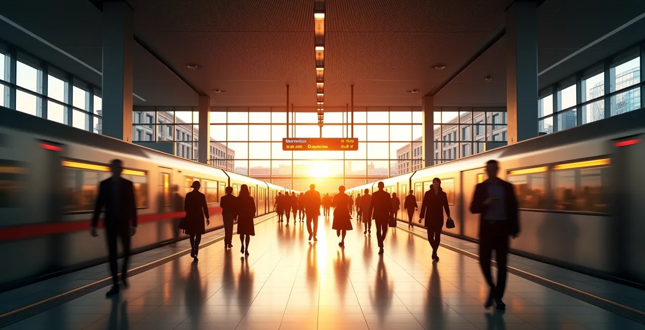Environmental wide shot of a modern MCD station platform with passengers transferring between trains