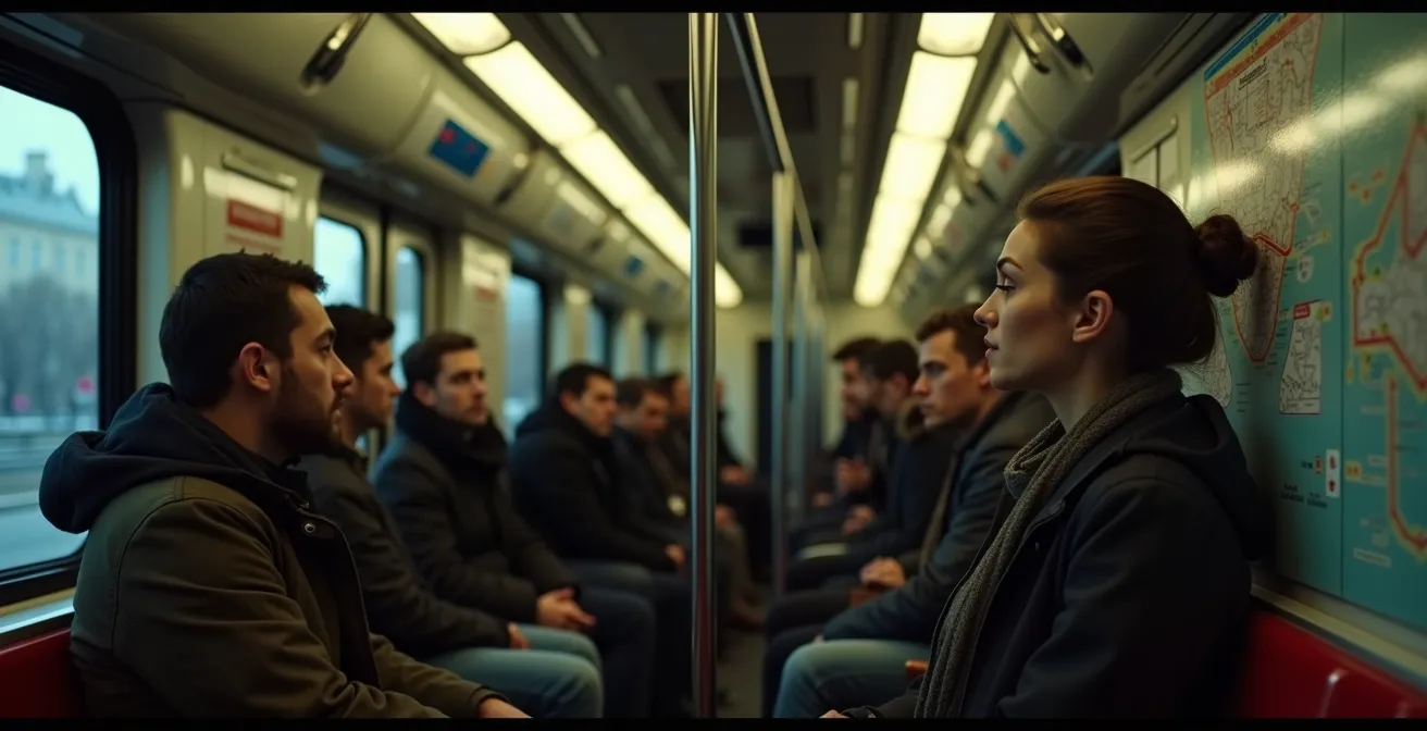 Diagram showing Moscow Metro Circle Line with directional arrows and gender voice indicators