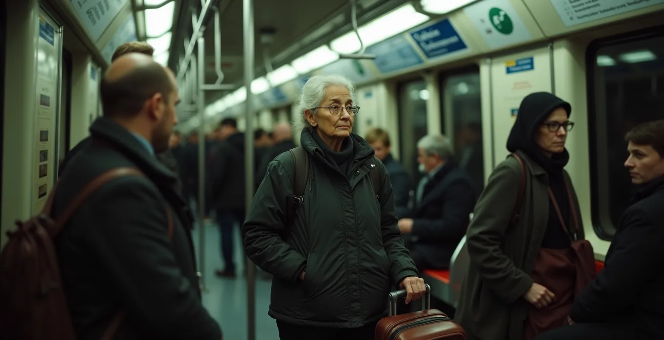 Interior view of Moscow Metro car showing optimal luggage placement zones