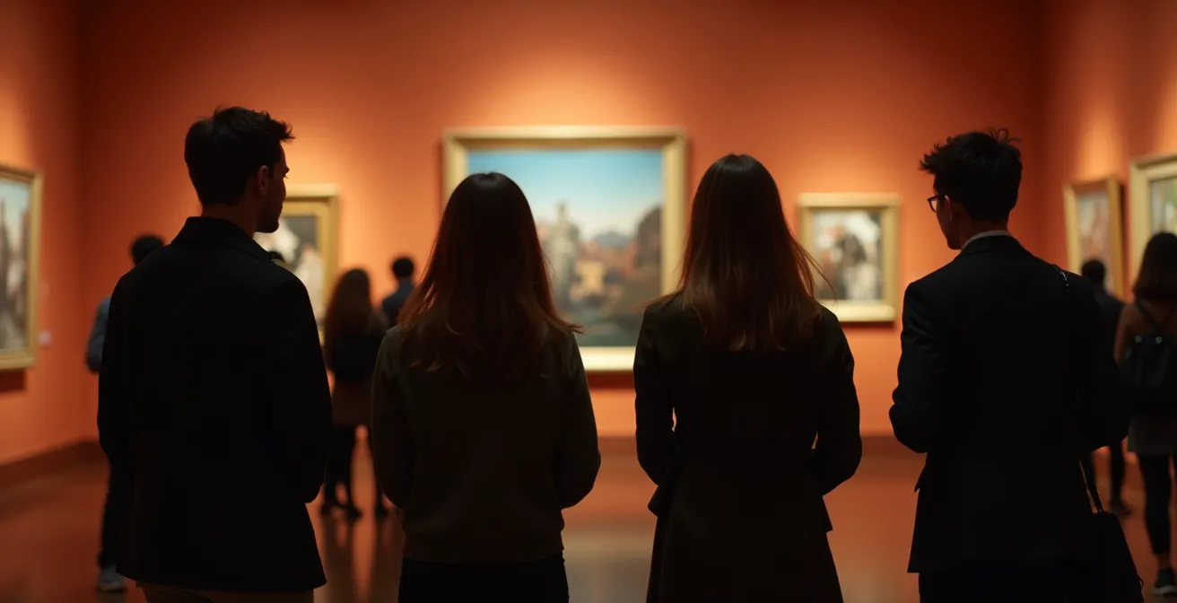Evening atmosphere at a Moscow museum with visitors exploring galleries under special lighting