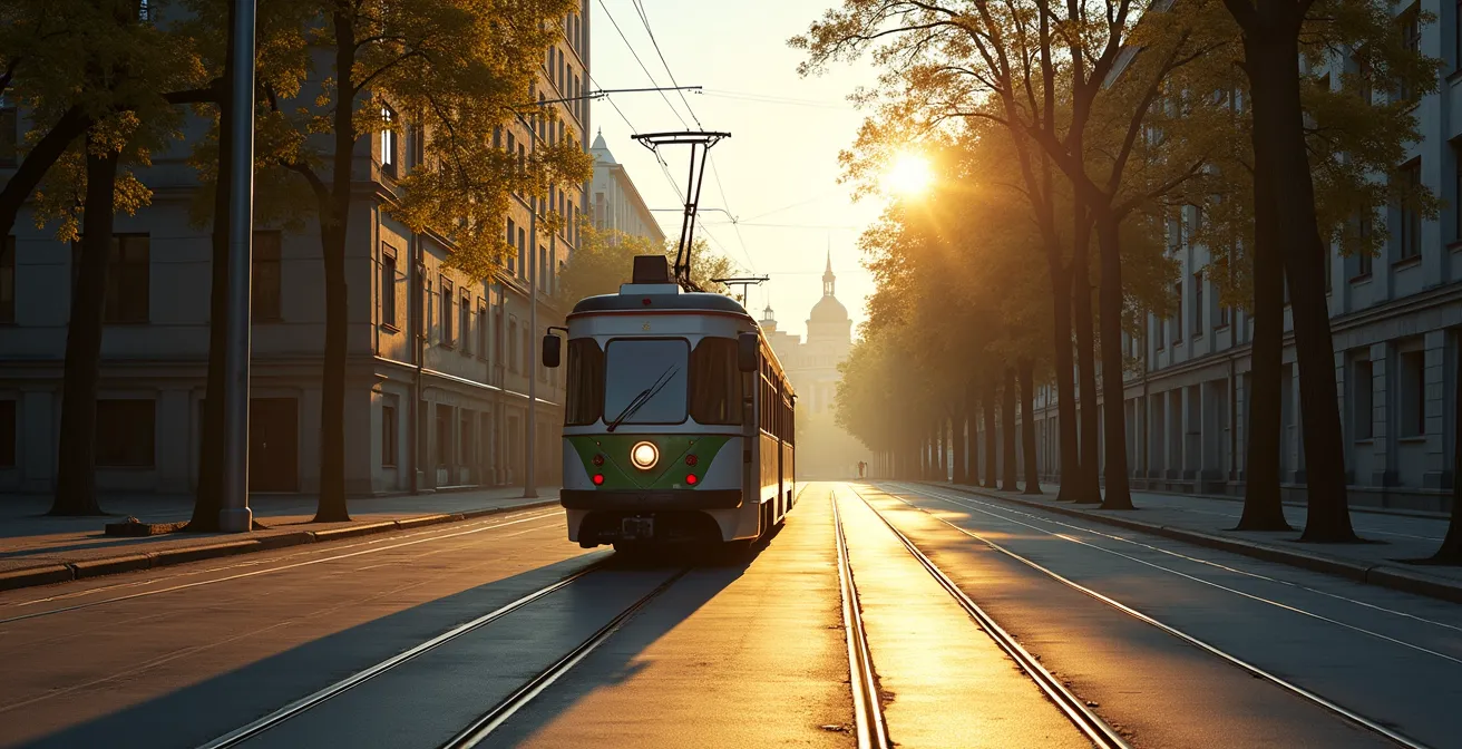 Modern tram traveling through tree-lined Moscow street with constructivist buildings