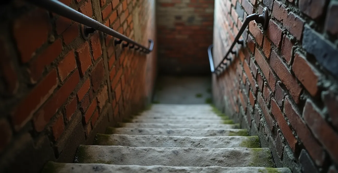 Steep narrow stone staircase inside historic cathedral with worn steps