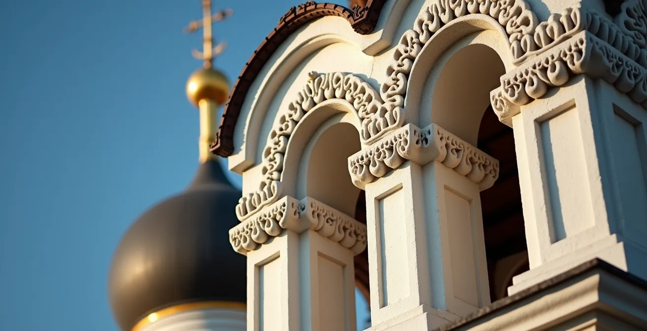 Close-up architectural details of the Novodevichy Convent's baroque bell tower