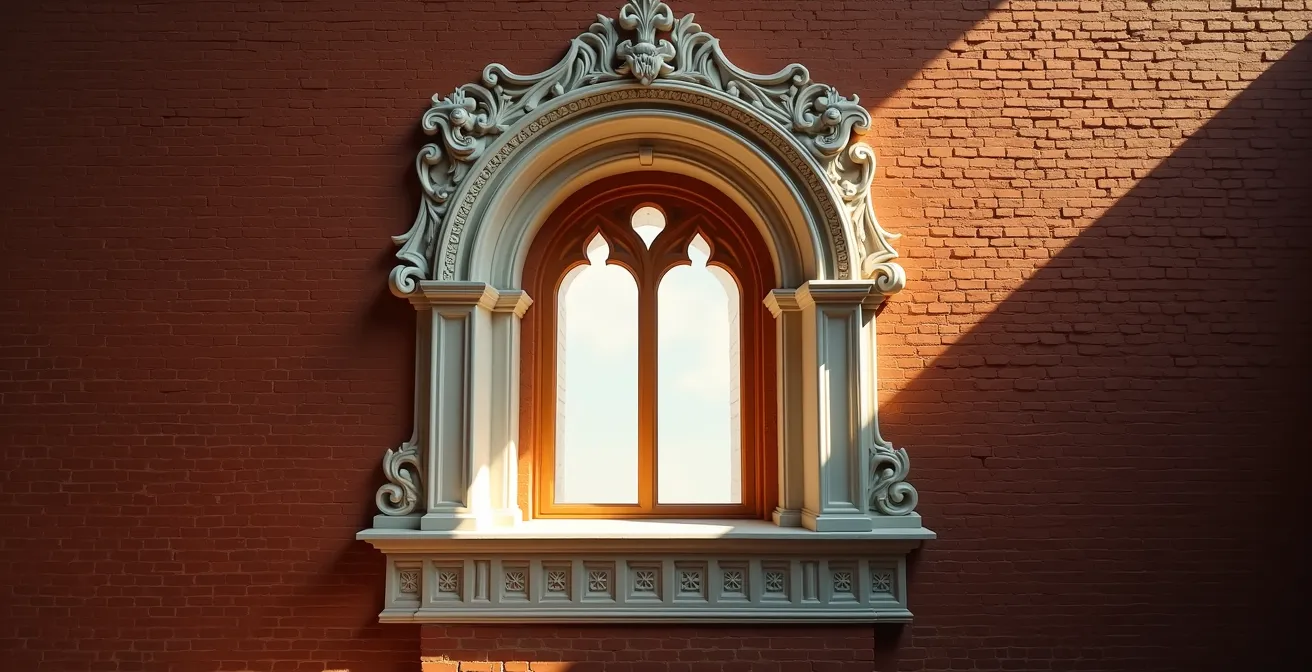 Artistic architectural detail of Novodevichy Convent's ornate window frame