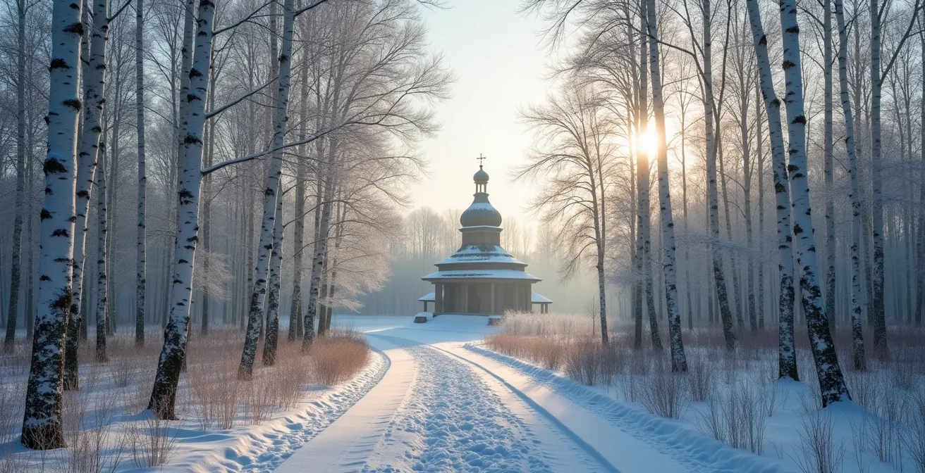 A visual representation of the transition from winter to spring, with a Russian Orthodox church dome in the misty background.