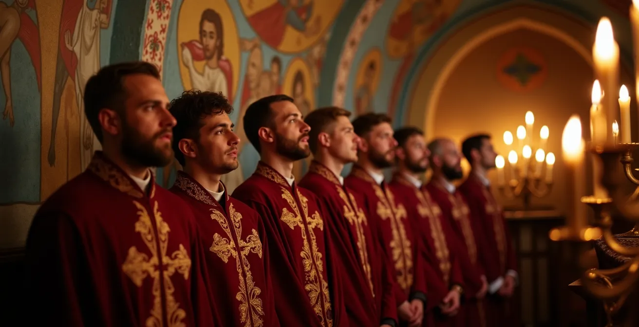 Male choir performing in a small Orthodox chapel with rich acoustics