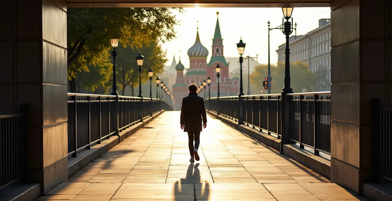 View from Partizanskaya metro station exit showing the path towards Izmailovo Kremlin colorful towers