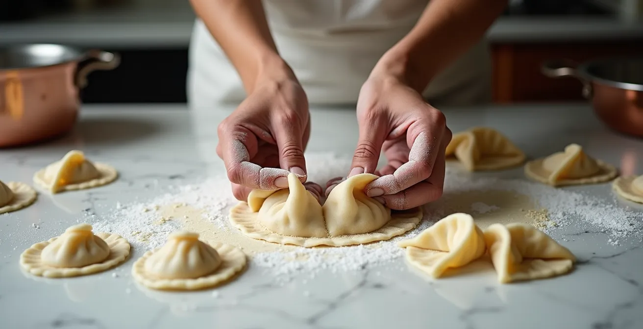 Hands demonstrating the precise pelmeni folding technique