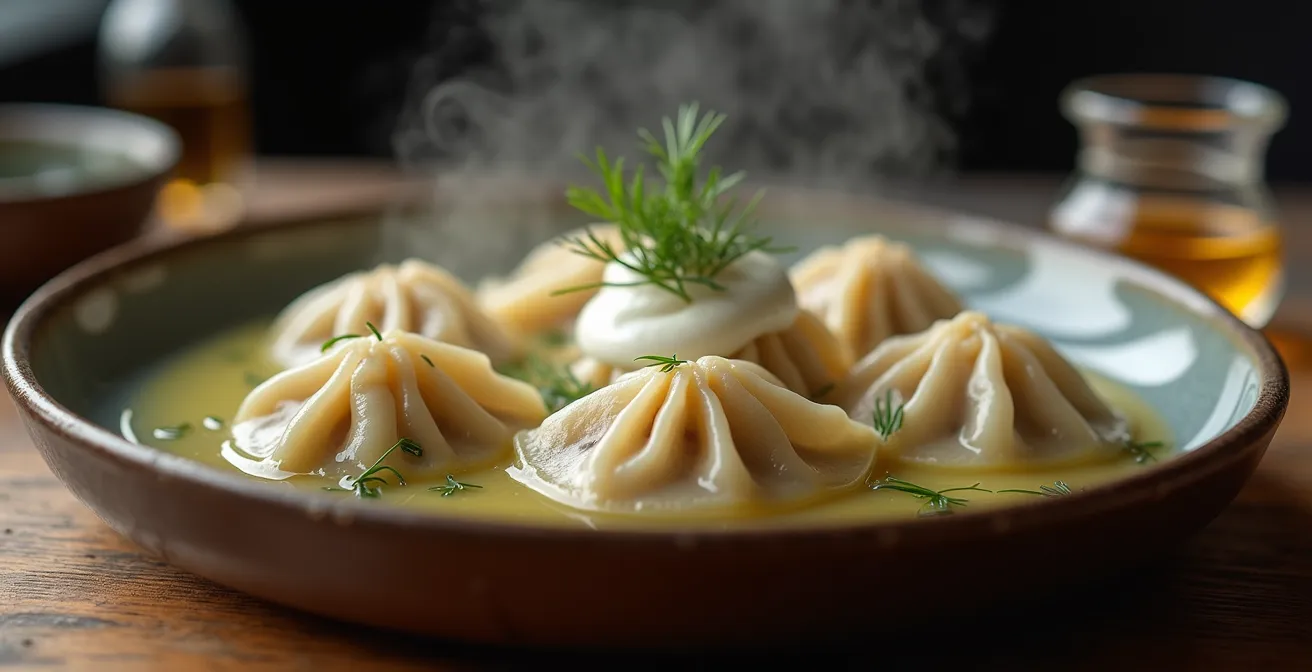 Steaming pelmeni served with sour cream and vinegar in a Parisian setting