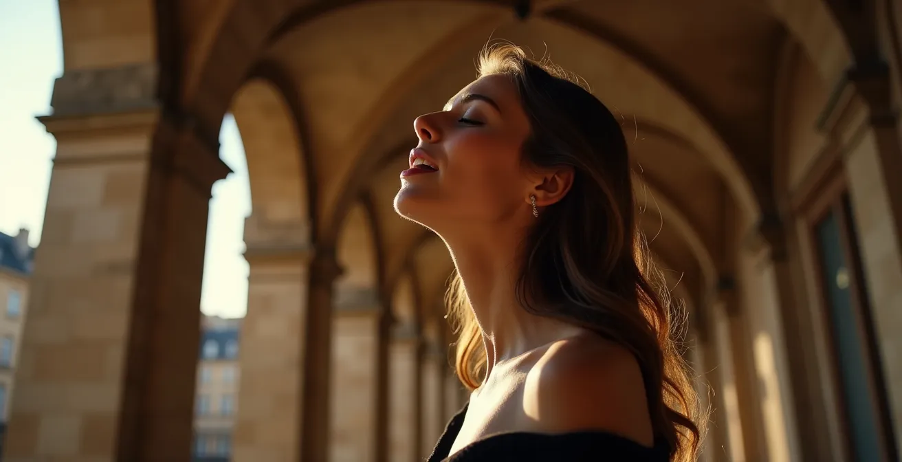Musicians performing under historic stone arches at golden hour in Place des Vosges