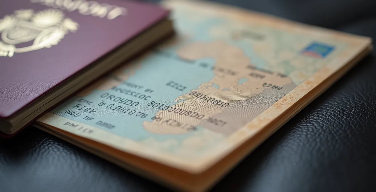 Organized travel documents ready for Russian border control inspection