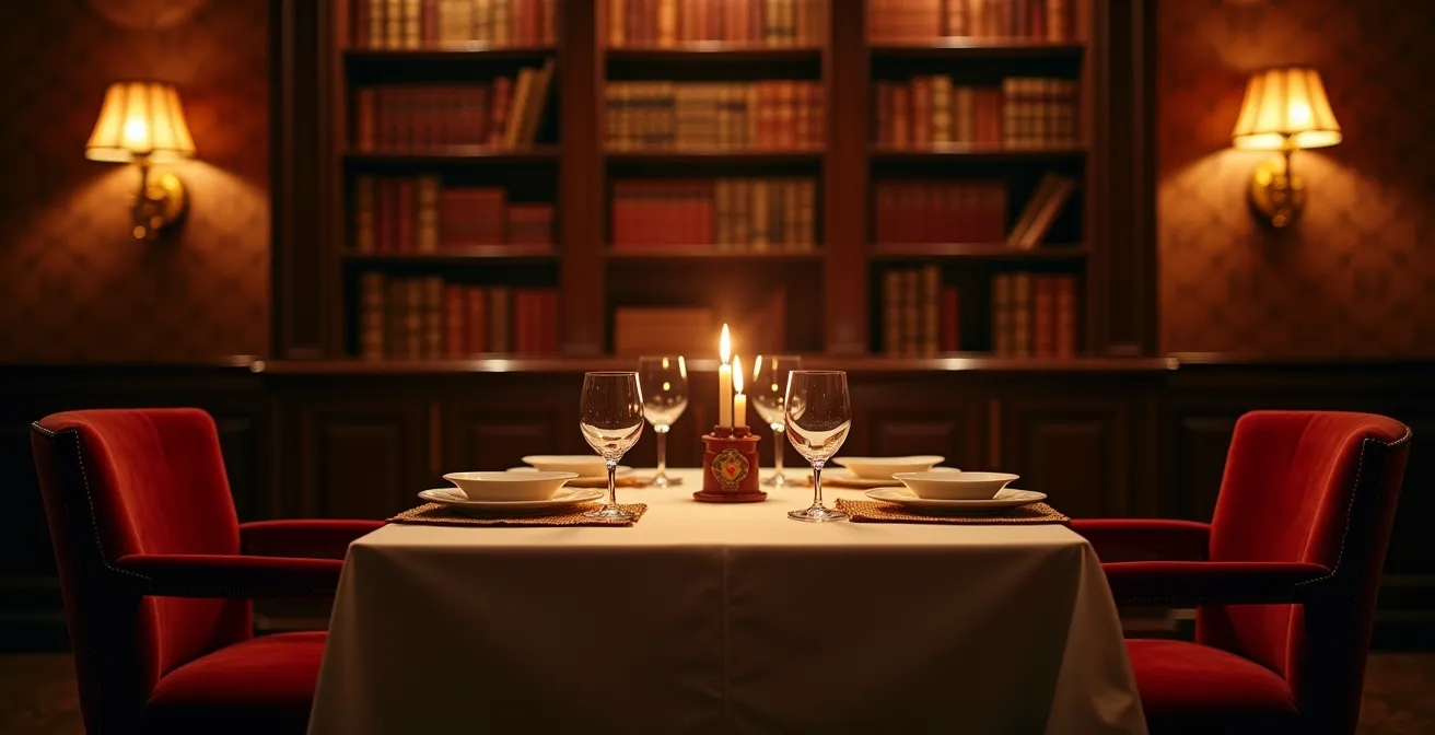 Intimate luxury dining room with warm candlelight and antique bookshelves