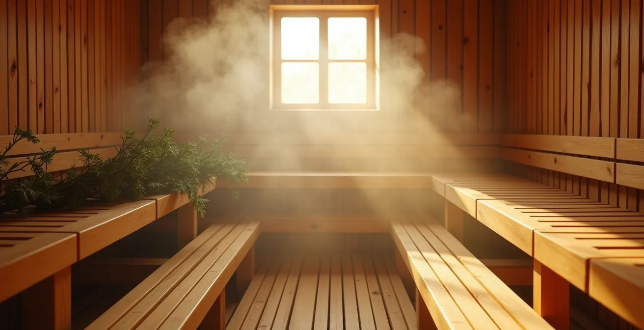 Atmospheric interior of traditional Russian banya with wooden benches and soft steam