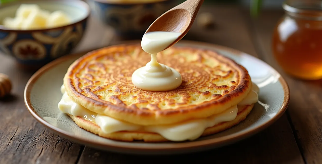 Array of traditional blini fillings on a wooden table, including sour cream, caviar, and honey.