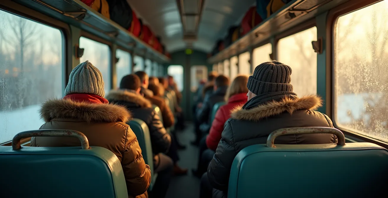 Interior view of a Russian elektrichka train in winter with passengers bundled in warm coats