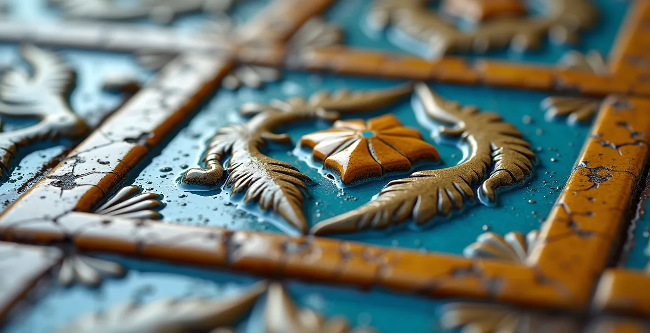Extreme close-up of ornate 17th-century Russian ceramic stove tiles showing intricate folk patterns and glazed surfaces