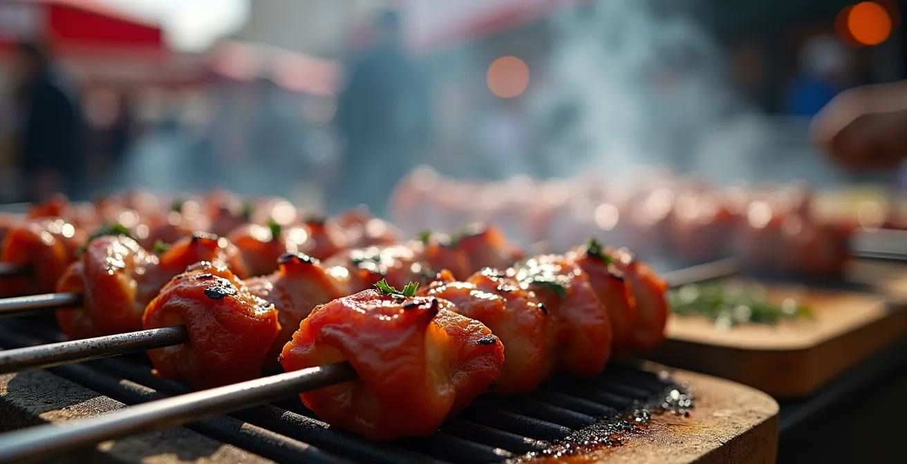Traditional Russian street food vendors grilling shashlik kebabs at outdoor market stalls