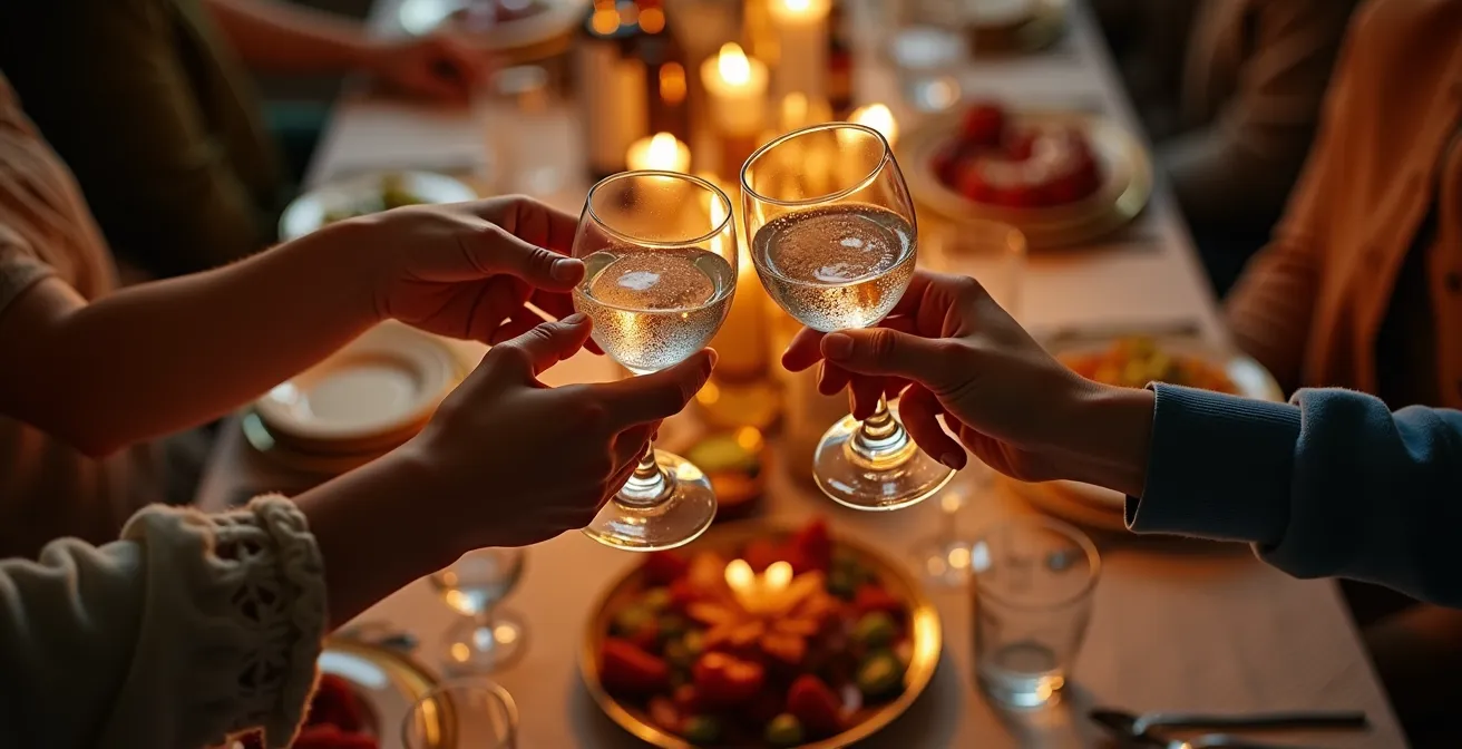 Russian dinner table with raised glasses in warm candlelit setting showing traditional toast moment