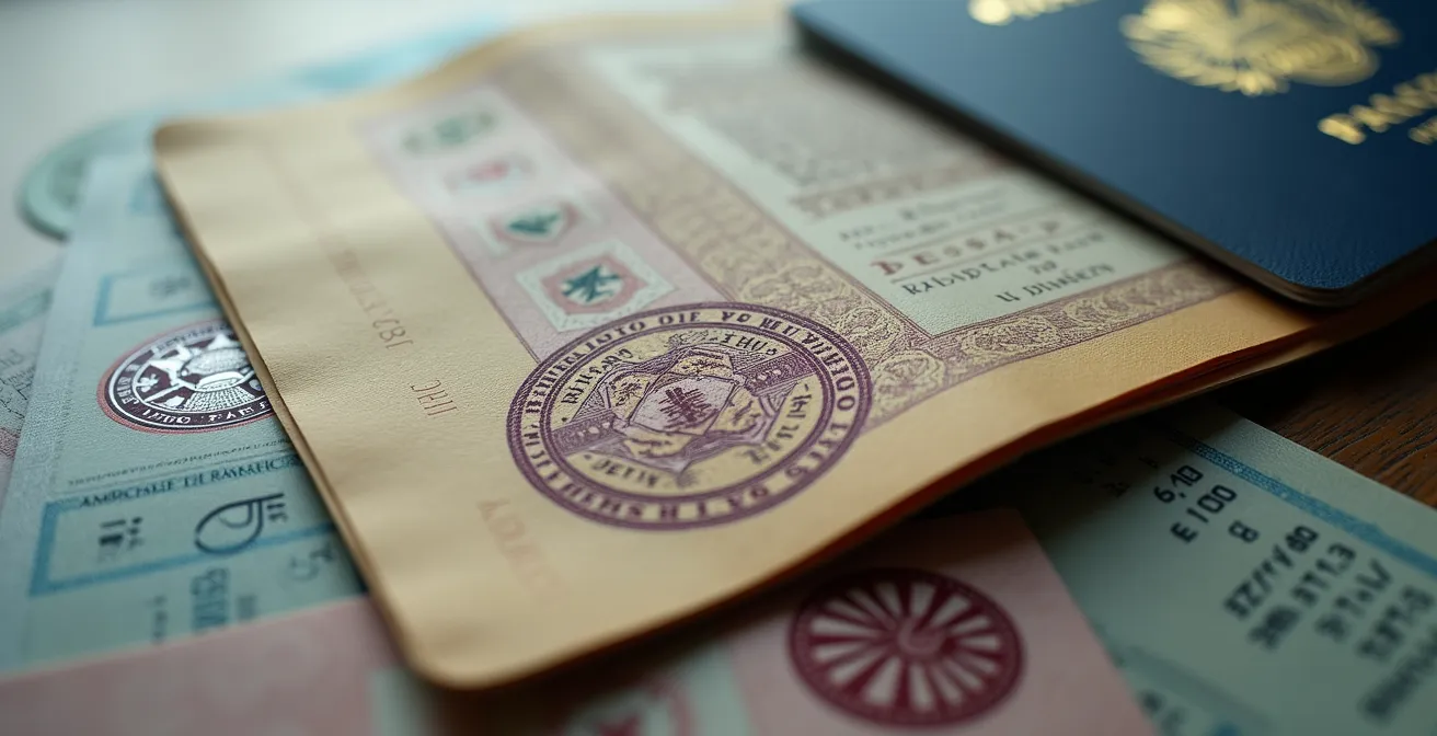 Official documents and passport on a wooden desk with soft lighting