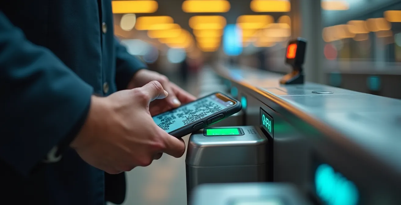 Traveler scanning phone QR code at modern train station turnstile