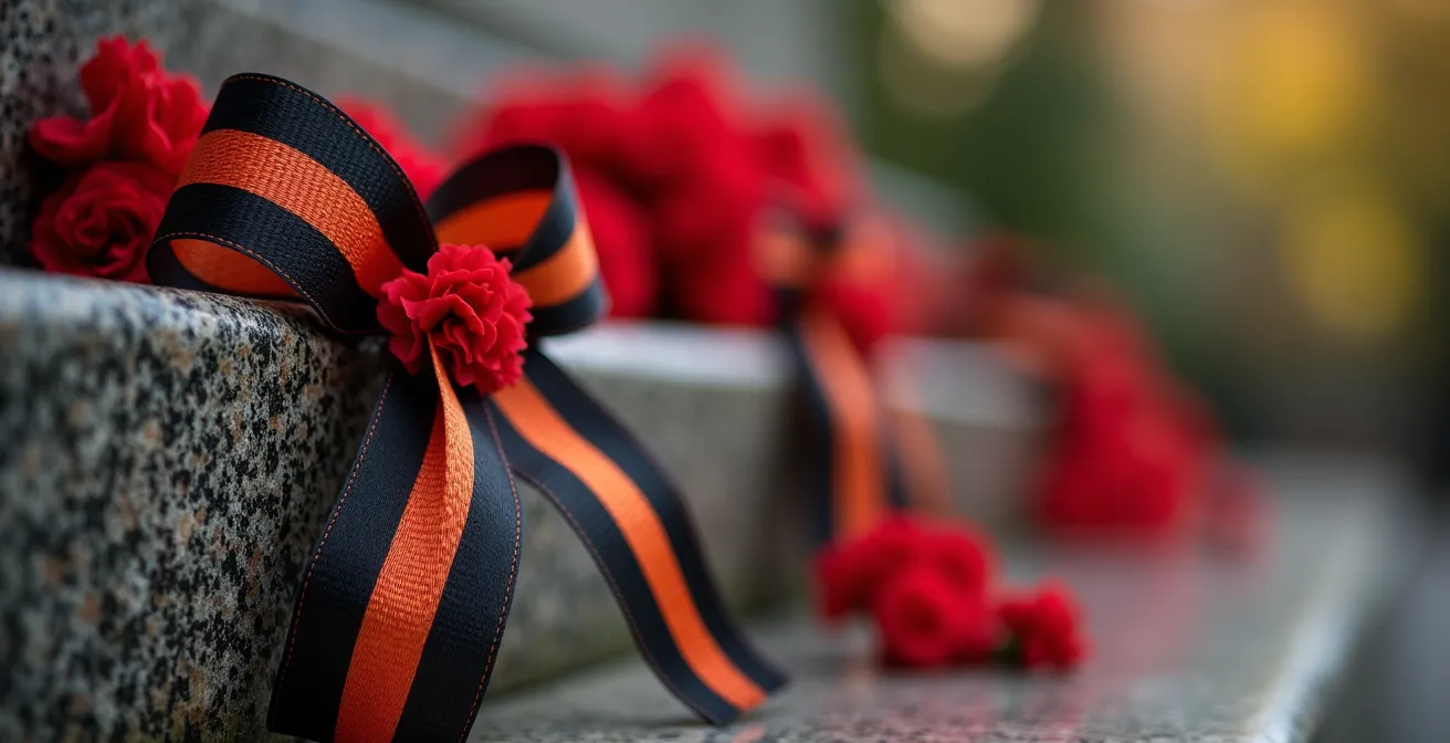 Close-up of St. George ribbon placed on war memorial with flowers