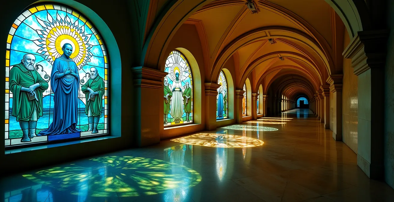 Luminous stained glass panels in underground station showing professions as saints