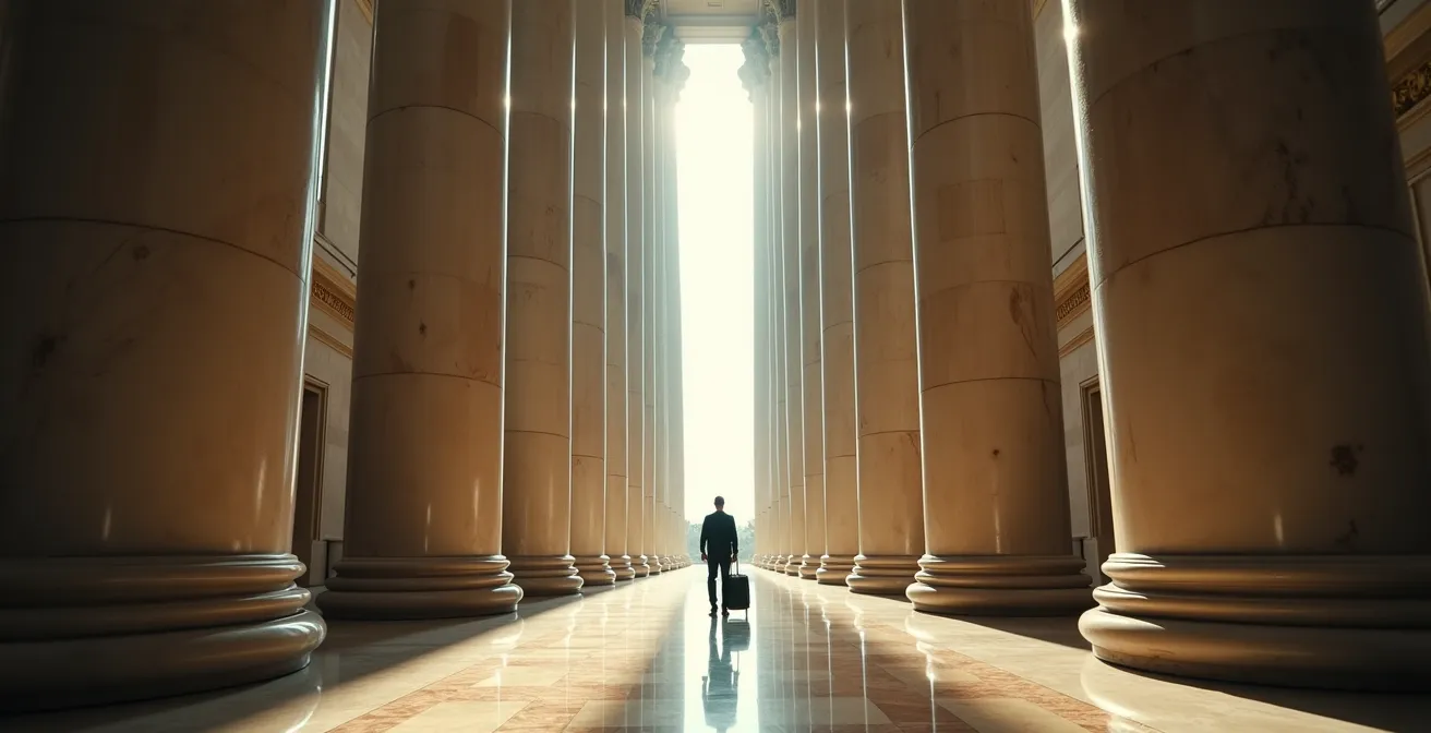 Monumental Soviet-era hotel lobby with towering columns and bronze sculptures