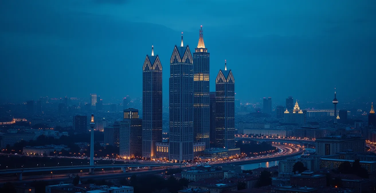 Three Stalin skyscrapers visible in Moscow skyline at blue hour