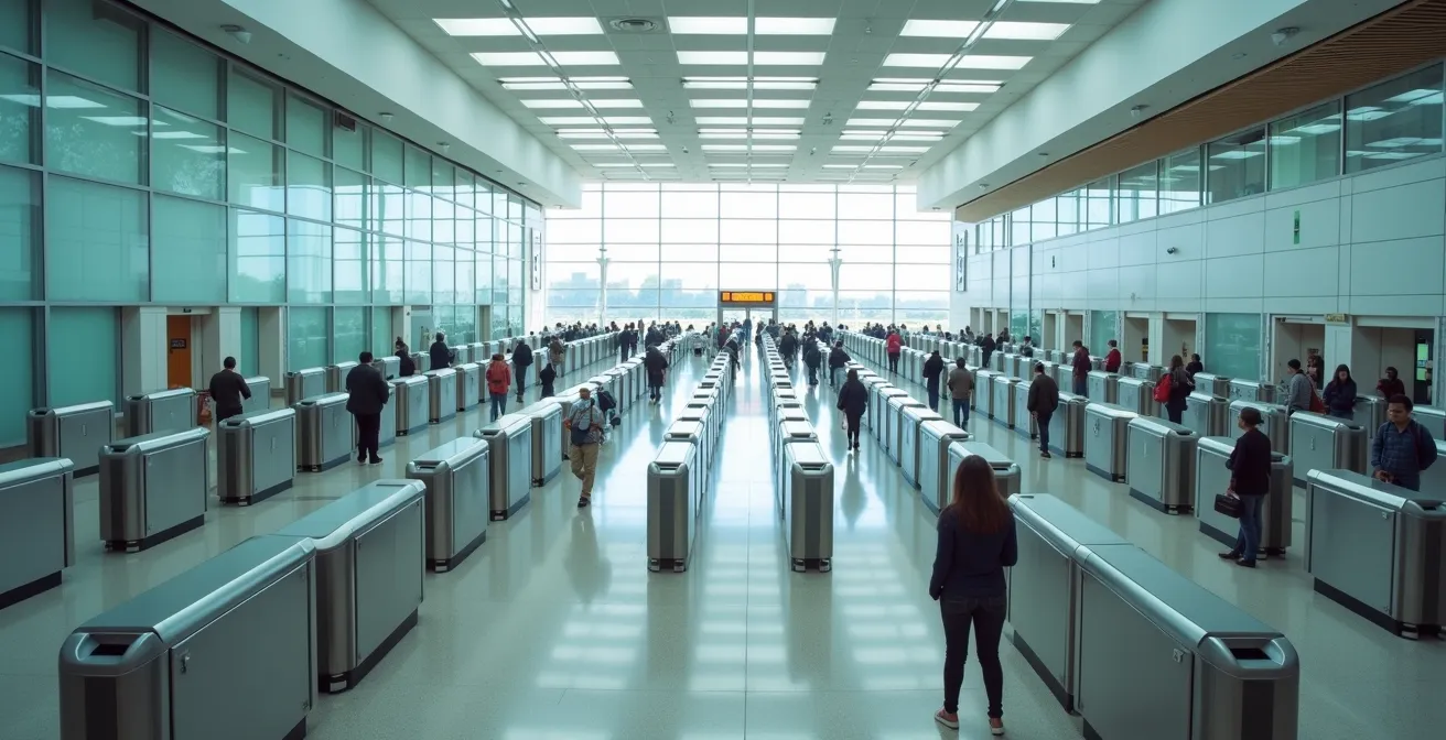 Aerial view of immigration queue area at Sheremetyevo airport showing organized waiting lines