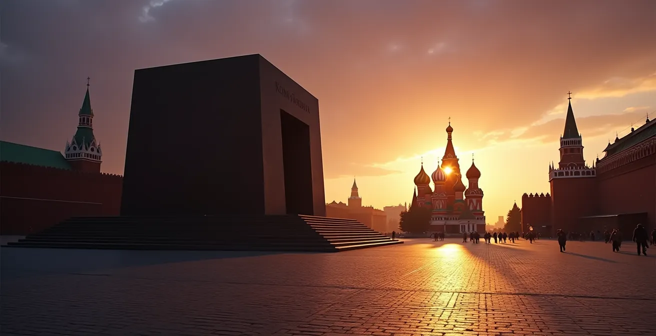 Symbolic dawn view of Red Square with dramatic shadows across the mausoleum
