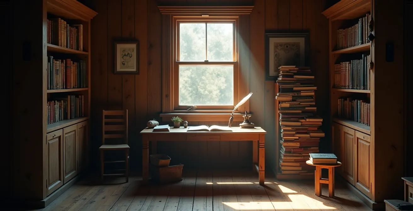 Interior view of Tolstoy's modest wooden study with writing desk