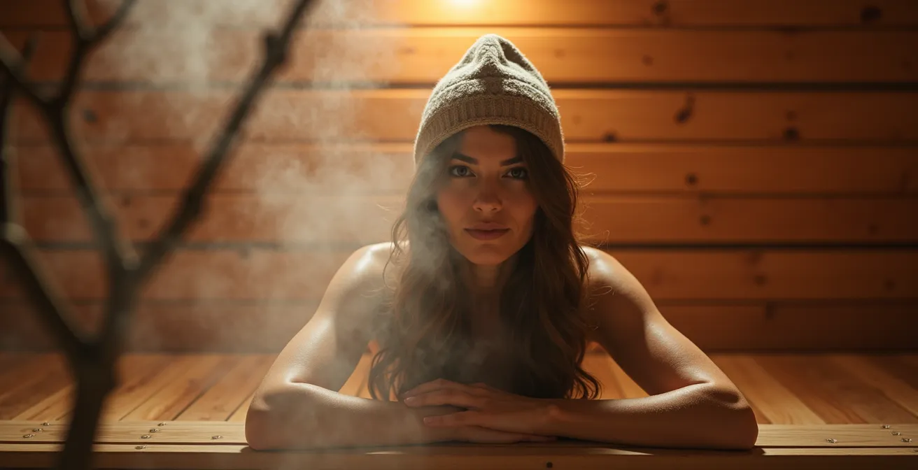 Steam-filled wooden banya interior with soft lighting and birch branches