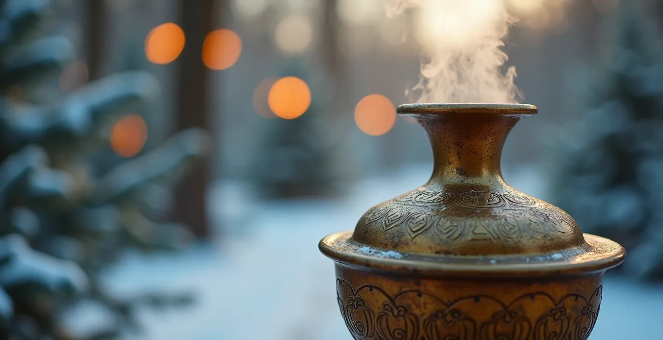 Close-up of ornate brass samovar with steam rising in snowy Moscow park setting