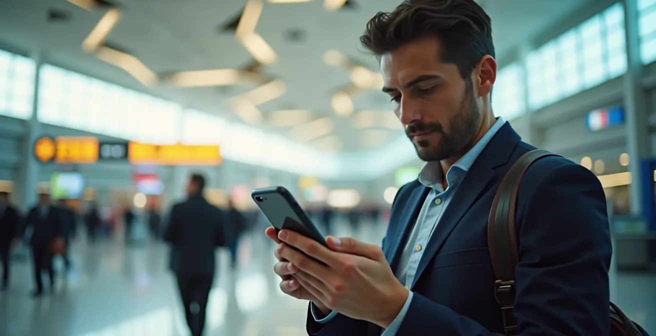 Business traveler setting up eSIM on phone at airport terminal