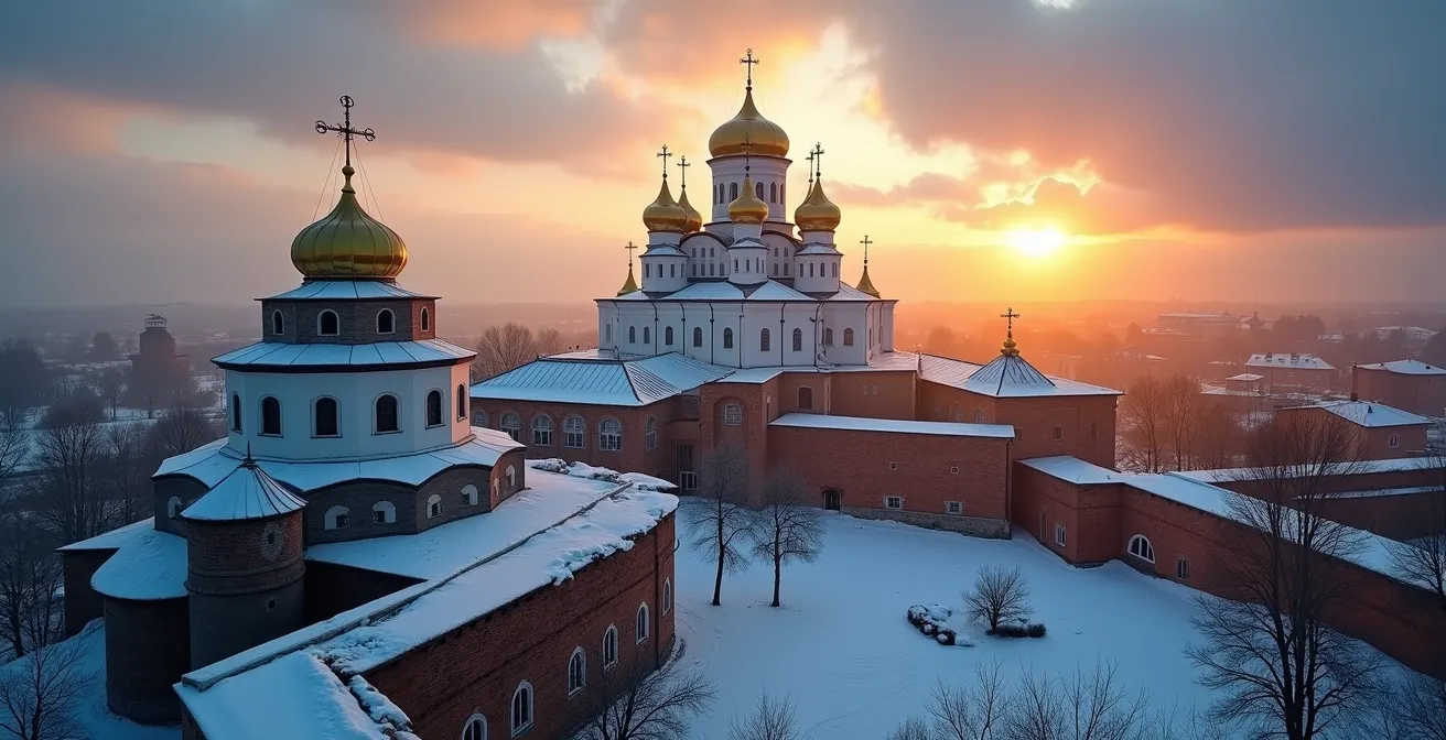 Aerial view of Trinity Lavra monastery complex with multiple golden and blue domes against winter sky