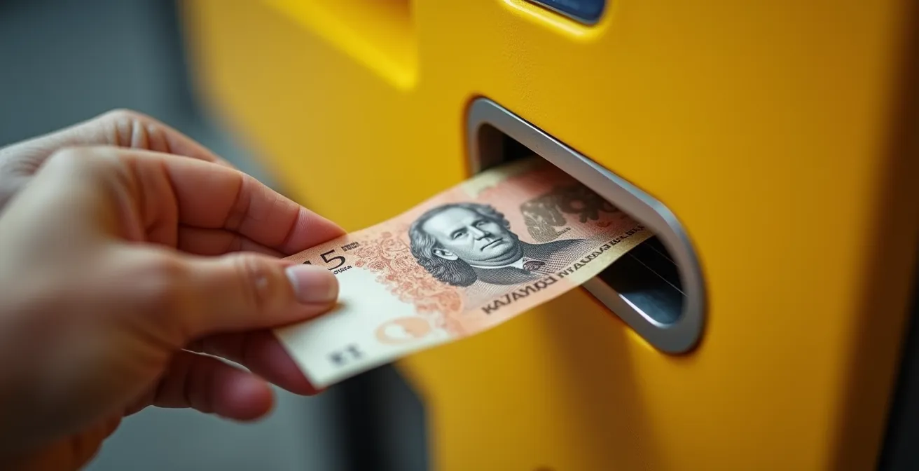 Macro close-up photo of hands inserting a Russian banknote into a payment terminal slot