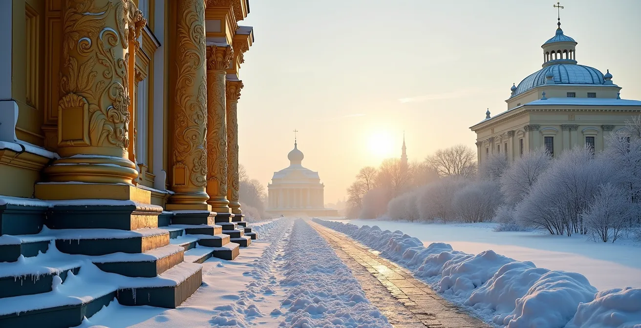 Wide angle view of ornate Soviet pavilions at VDNKh covered in winter snow with dramatic lighting