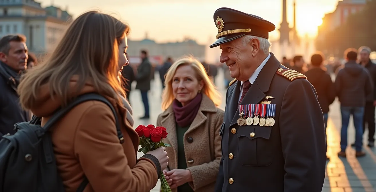 Wide view of Victory Park festivities with families and veterans among military displays
