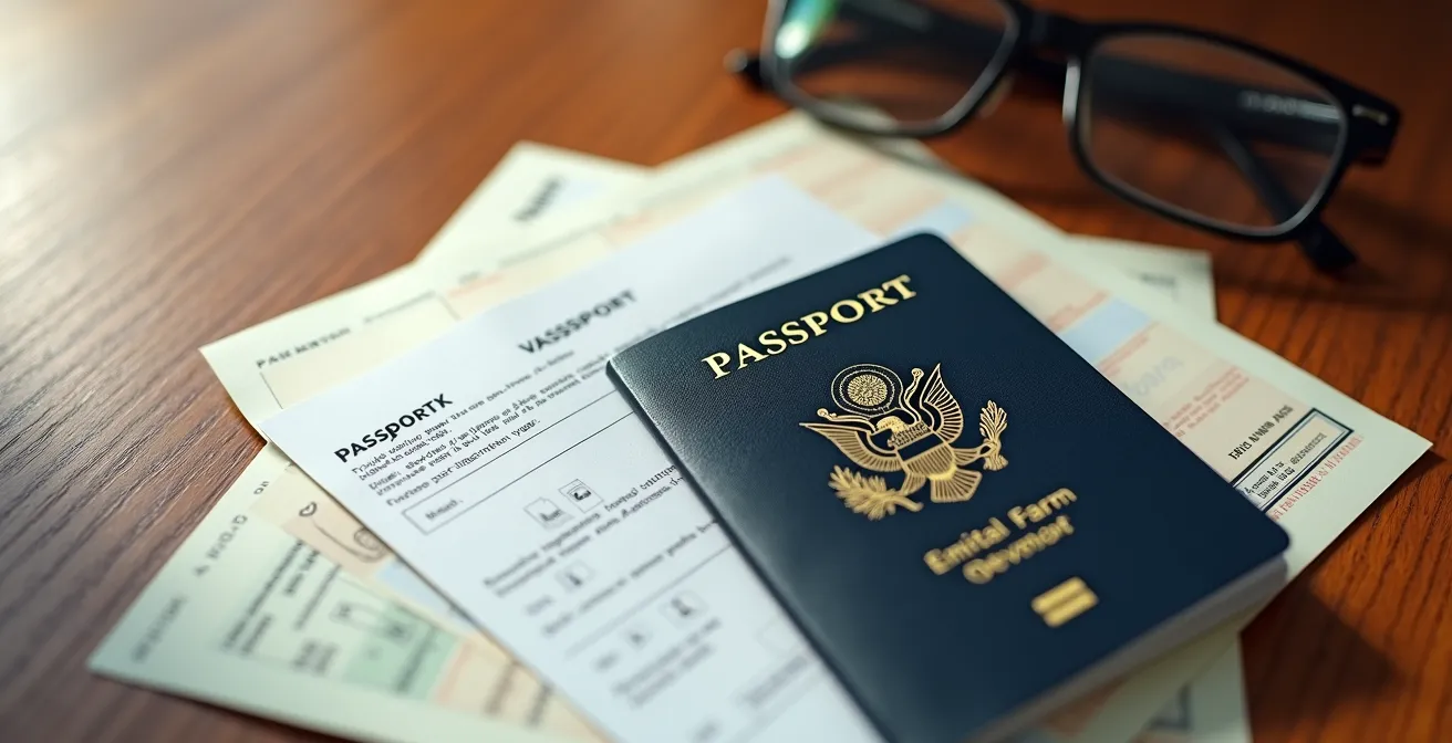 Overhead view of organized visa documents on a wooden desk with a passport and forms