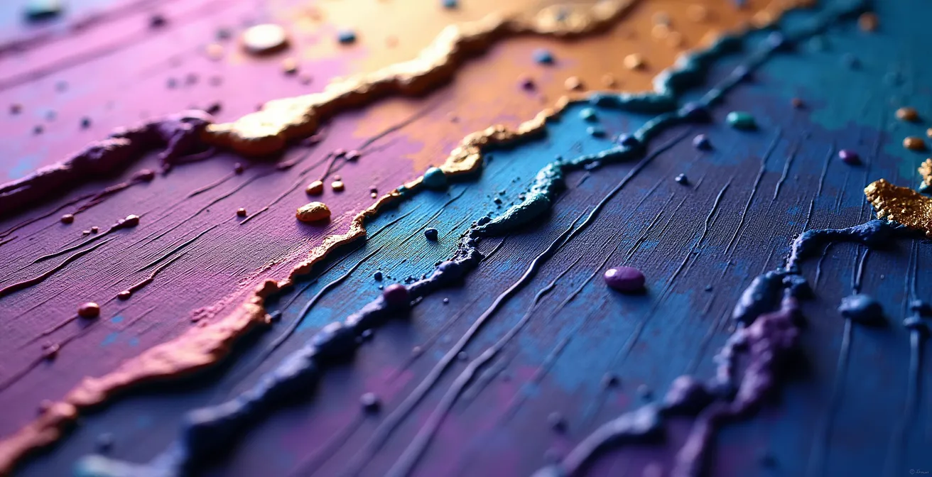 Close-up of expressive brushwork and jewel-like colors in a symbolist painting