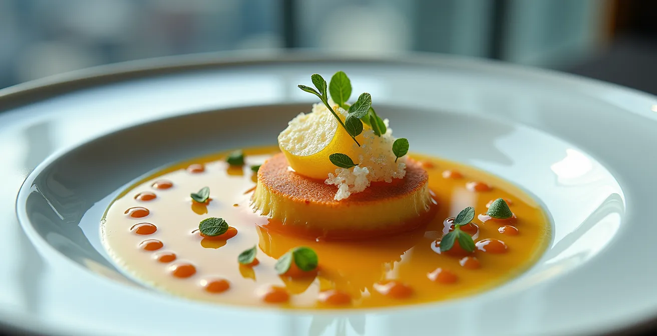 Avant-garde plated dish with Moscow skyline through glass dome