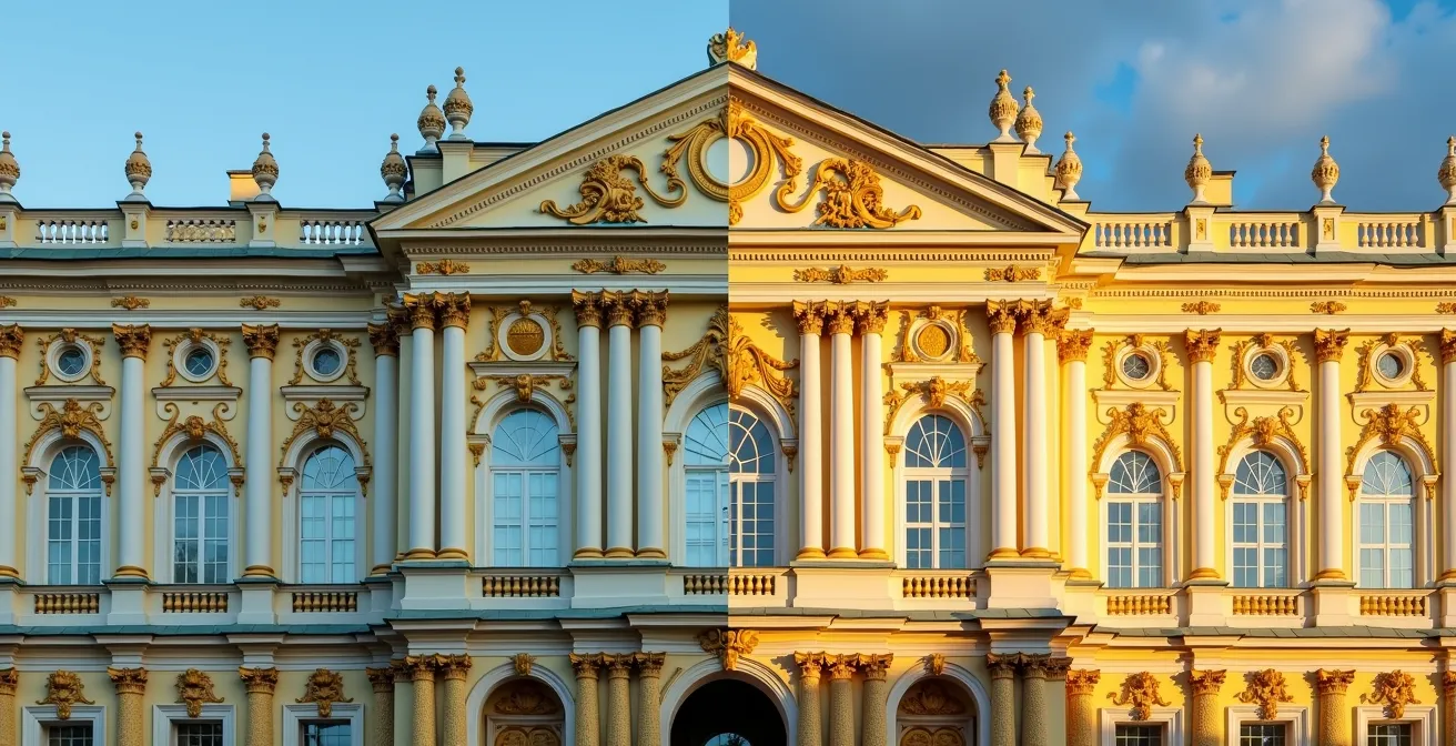Split architectural view showing the ornate baroque facade of the Winter Palace and the Russian-Byzantine style of the Grand Kremlin Palace