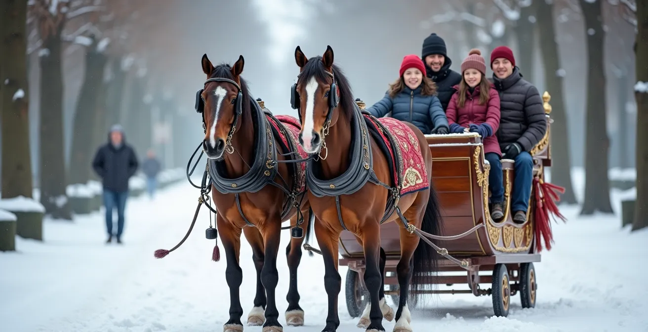 Traditional Russian troika sleigh ride through snowy park landscape