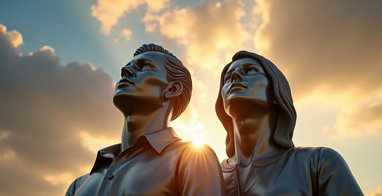 Monumental Soviet statue shot from below against dramatic sky